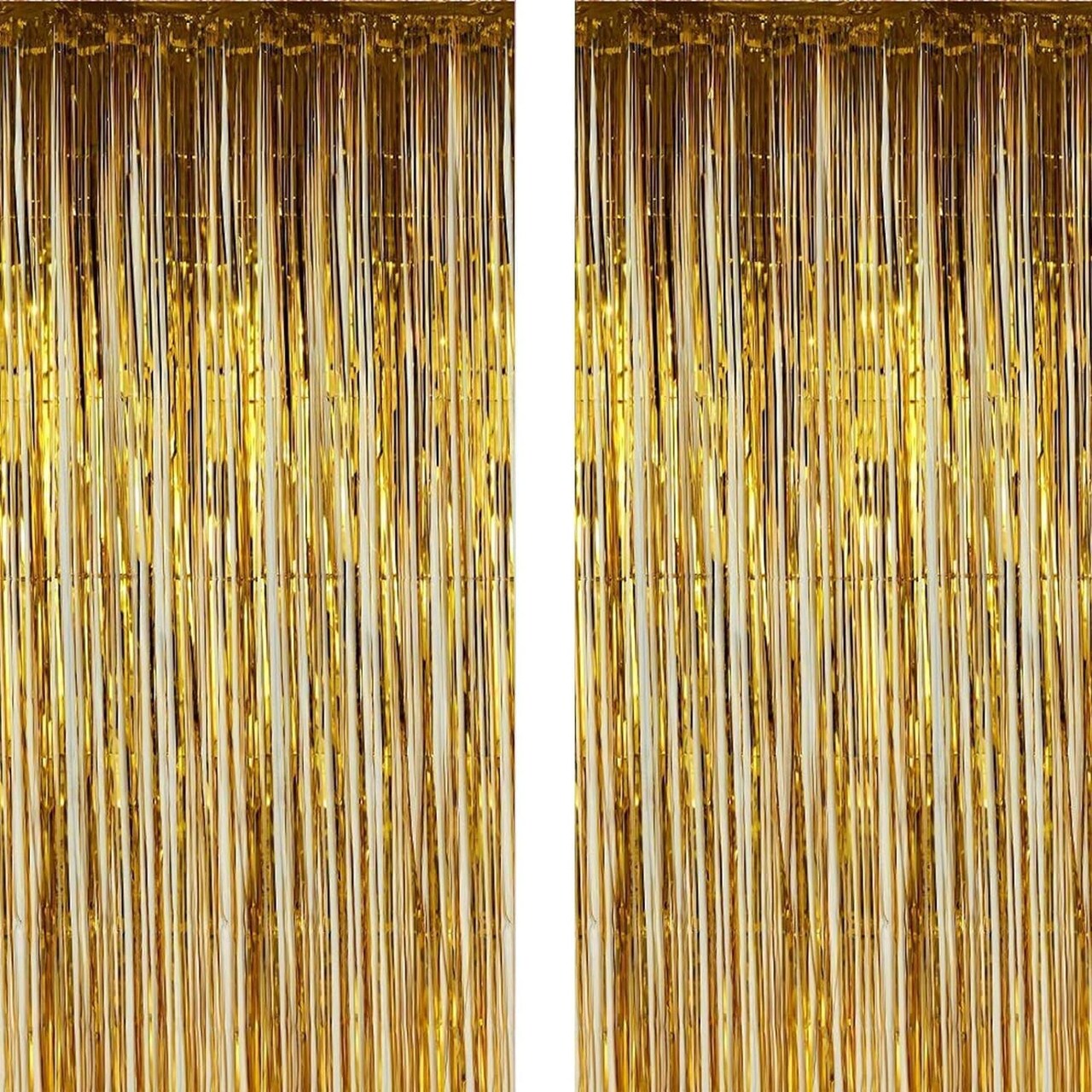 2-Pack Gold Metallic Foil Fringe Curtains Party Backdrop Decorations